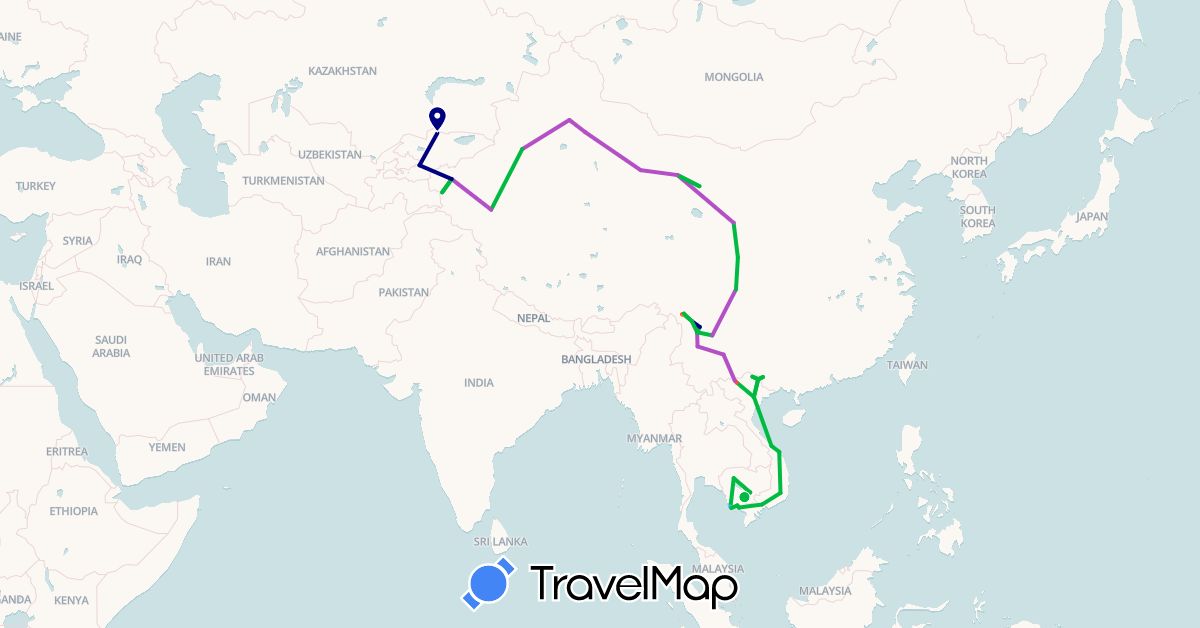 TravelMap itinerary: driving, bus, train, hiking, boat, hitchhiking in China, Kyrgyzstan, Cambodia, Vietnam (Asia)